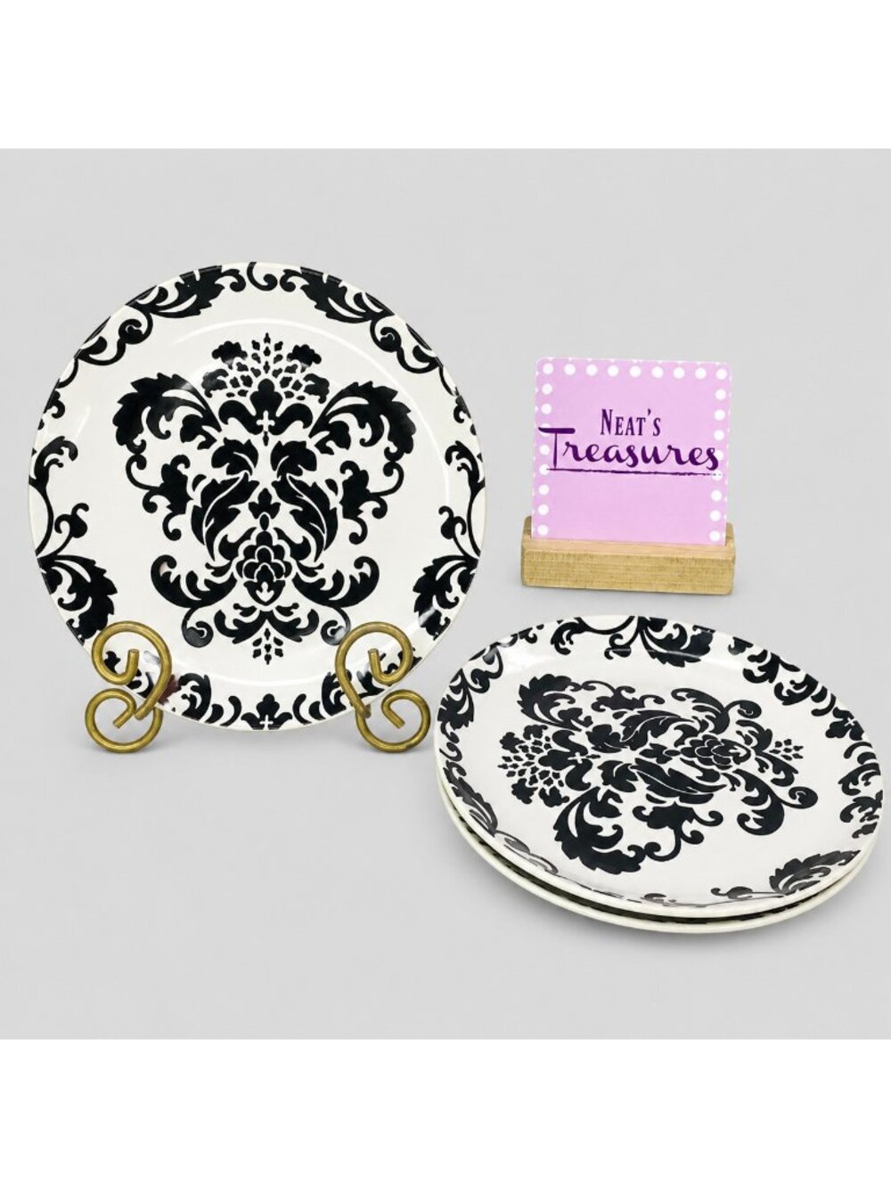 Studio D VERSAILES Black Scrolls White Coupe Round Stoneware Salad Plates Set 3